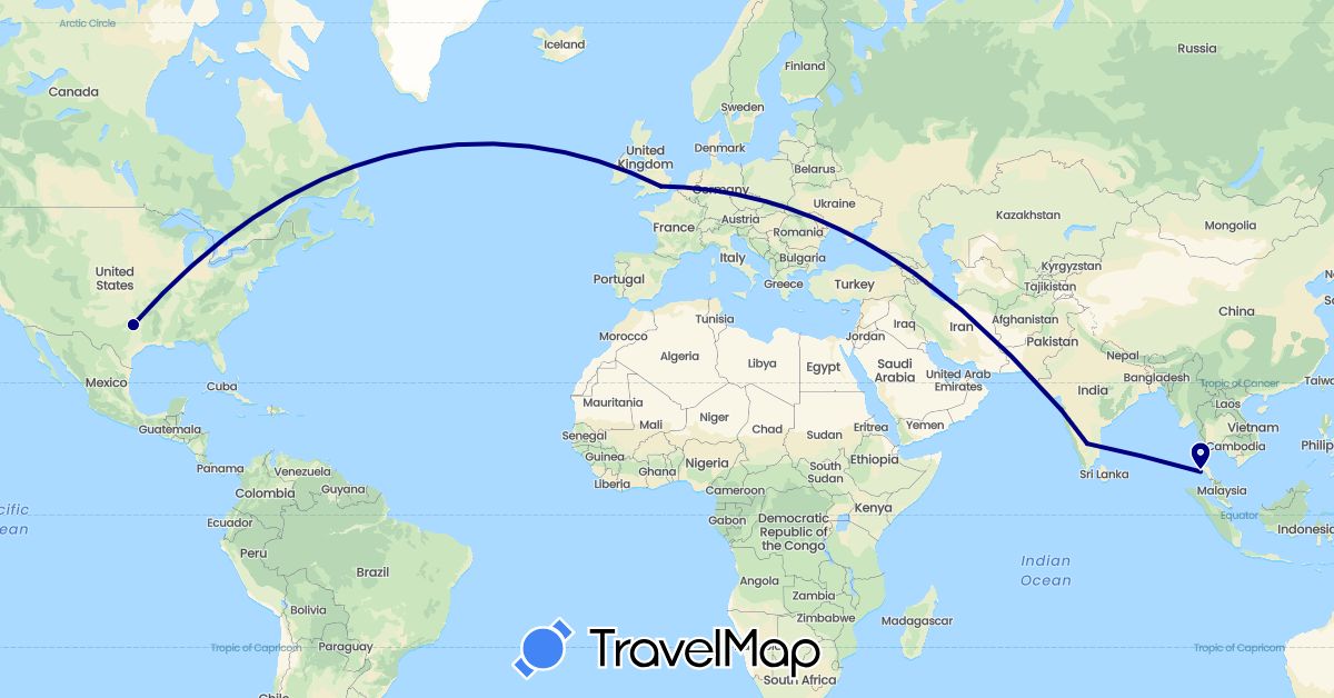 TravelMap itinerary: driving in United Kingdom, India, Thailand, United States (Asia, Europe, North America)