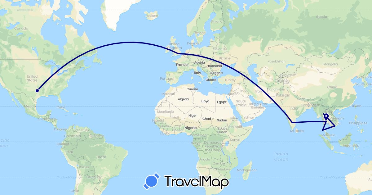 TravelMap itinerary: driving in United Kingdom, India, Thailand, United States, Vietnam (Asia, Europe, North America)